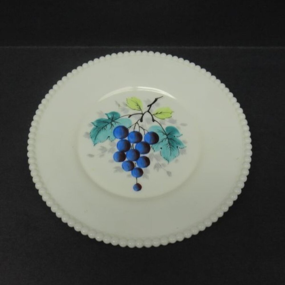 Westmoreland Milk Glass BEADED EDGE 8 3/8 Inch Hand Painted GRAPES Lunch Plate